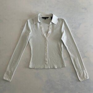 Veronica Beard Ribbed Mint Scottie Button-Down Office Siren Fitted Blouse